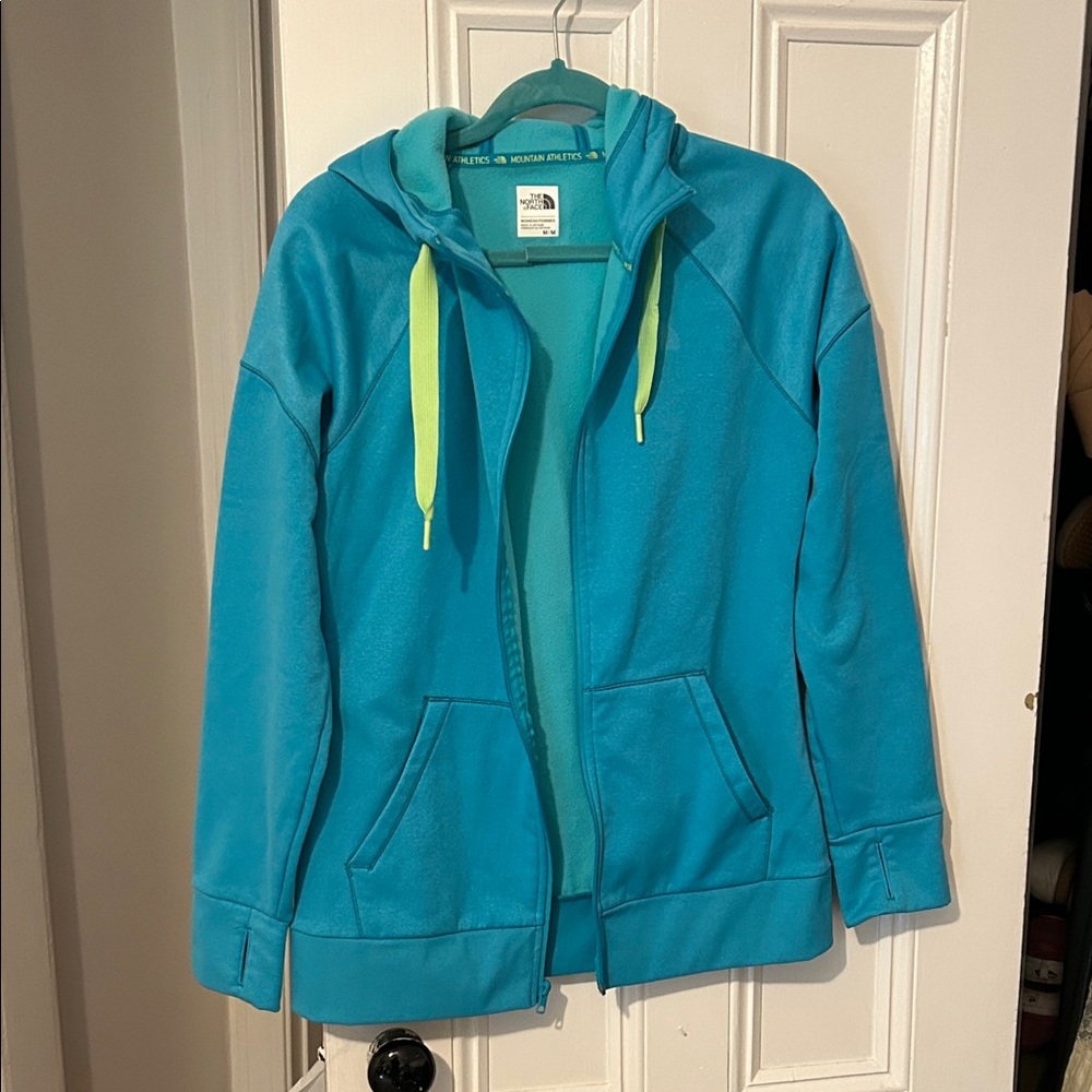 The North Face Teal Zip Hoodie with Lime Drawcords